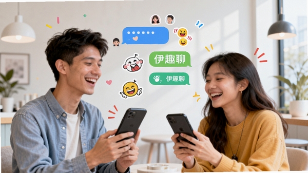 描绘伊趣聊应用主界面，展示多彩聊天气泡、趣味贴纸和动态表情，背景为现代简约风格的社交场景，人物使用手机愉快交流，画面明亮活泼，突出社交互动与趣味性，整体风格清新明快，适配手机竖屏展示。