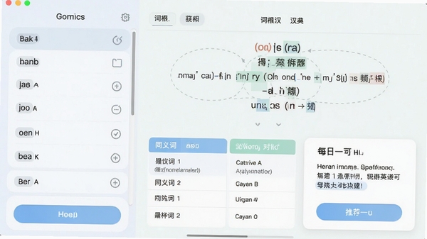 英汉汉英双向学习词典软件的学习辅助功能界面，屏幕左侧显示单词列表，右侧展示单词的词根词缀拆解图、同义词对比表格以及每日一句推荐卡片，界面采用卡片式布局，色彩柔和，操作按钮清晰可见