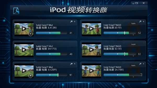 闪电ipod视频转换器批量转换界面，显示多个视频文件同时处理中，每个文件带有进度条，背景为深蓝色科技感风格，突出软件名称与批量处理功能