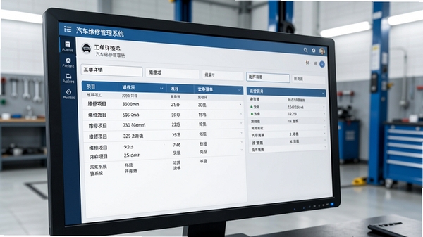汽车维修管理系统工单详情界面，显示维修项目列表和配件清单，背景为整洁的汽车维修工位，电脑屏幕特写，界面数据清晰