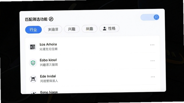 Match筛选功能界面,展示多维度筛选标签如“行业”“兴趣”“性格”,下方为列表视图,背景干净,图标简洁,突出管理高效性