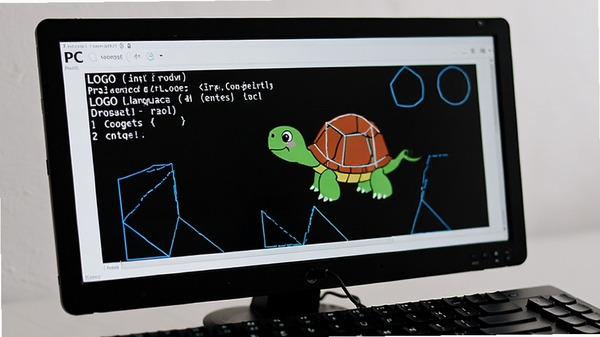 PC logo软件代码输入特写,画面聚焦于电脑键盘与屏幕上的LOGO语言指令行,屏幕中可见小海龟与绘制出的几何图形,背景简洁突出教学场景,色调明亮清晰