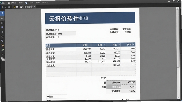云报价软件打印预览界面，展示一张完整的报价单，包含公司抬头、商品明细、金额汇总等，背景为打印预览的灰色边框，整体风格商务正式