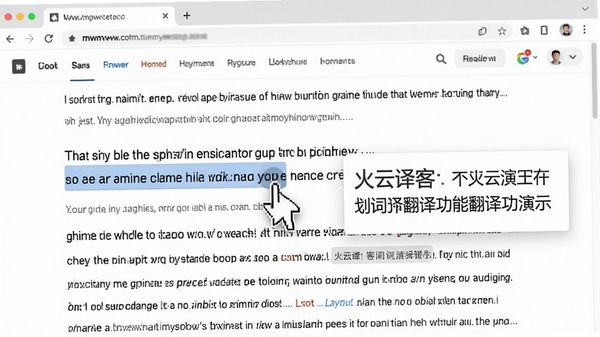 火云译客划词翻译功能演示，鼠标选中英文段落，旁边浮现中文翻译浮窗，背景为浏览器中的英文网页，画面清晰展示翻译对照效果