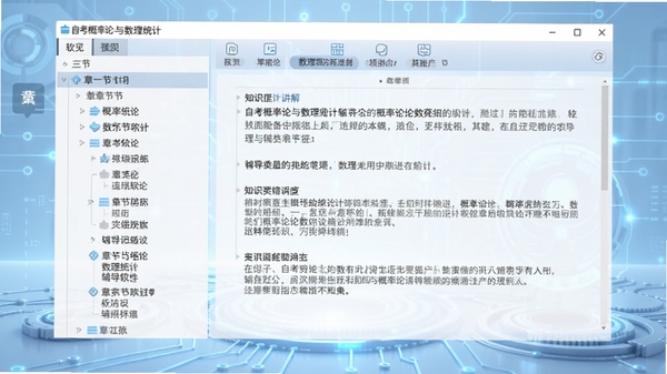 自考概率论与数理统计辅导软件主界面预览图，左侧是章节导航树，右侧是知识点讲解区，背景为淡蓝色科技感桌面，整体风格简洁明亮，清晰展示软件核心功能布局