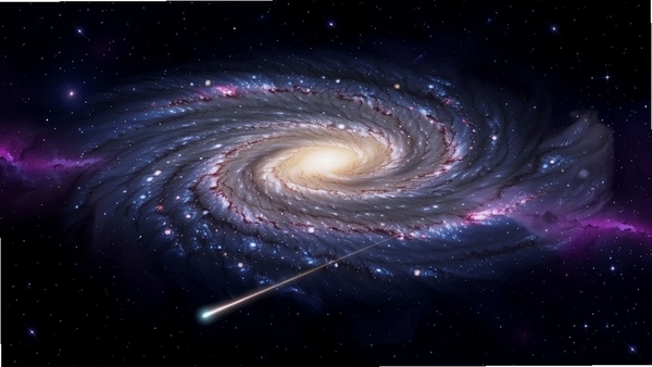 璀璨星空动态桌面全貌预览图,画面中央是旋转的银河系核心,四周环绕深蓝色与紫色渐变的星云,前景有流星划过,整体色彩浓郁,细节丰富,背景为深邃的黑色宇宙空间,适配宽屏桌面展示效果