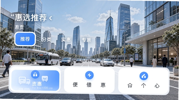 惠选app主界面预览图，展示首页推荐、分类导航、个人中心三大核心模块，界面采用蓝白主色调，圆角卡片设计，背景为现代城市生活场景，整体风格清新明快，突出便捷与实惠主题