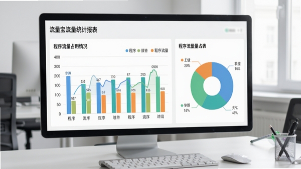 流量宝流量统计报表界面，展示柱状图与饼图，分类列出程序流量占用情况，背景为简洁办公桌面，图表配色清新，数据展示清晰明了
