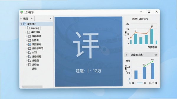 123打字练习软件主界面截图,展示课程列表与速度统计面板,画面清晰明亮,背景为淡蓝色渐变,软件窗口居中,左侧课程树、右侧打字区与统计图表,整体风格简洁现代