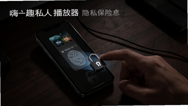 嗨趣私人播放器隐私保险箱功能示意，画面展示指纹解锁进入隐藏视频文件夹的过程，背景为深色木质纹理桌面，强调安全感和隐秘性，光影对比强烈