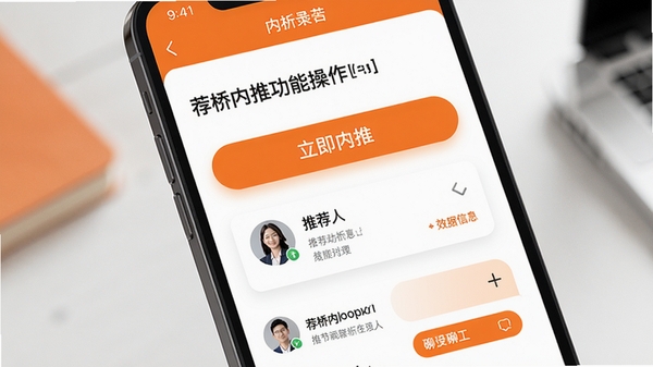 荐桥内推功能操作界面,手机屏幕展示一个岗位详情页,页面上醒目位置有“立即内推”按钮,下方是推荐人信息卡片和聊天窗口入口,背景为简洁的白色与橙色搭配,强调行动按钮,营造高效直接的求职氛围
