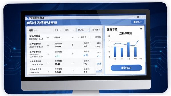 初级经济师考试宝典-工商管理软件错题本功能界面展示图，画面为电脑屏幕中软件界面，显示错题列表、正确率统计图表和重新练习按钮，背景为深蓝色科技感渐变，突出数据可视化效果，风格现代简洁。