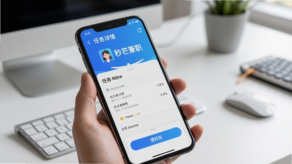 秒芒兼职APP在手机上运行的实拍图，屏幕显示任务详情和提现页面，背景为简洁的办公桌环境，突出真实使用场景，图片清晰度要高，适合作为软件展示图