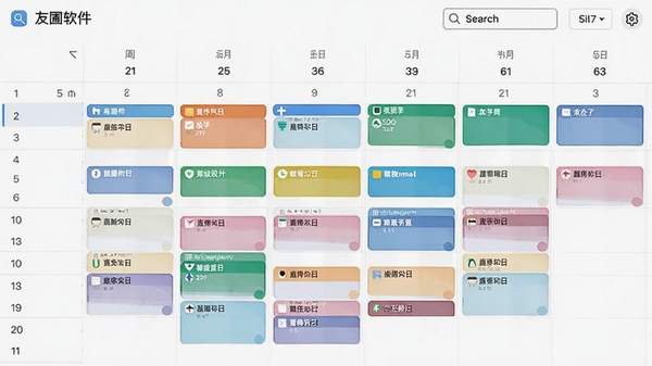友圃软件的日程管理界面截图风格图片，展示周视图布局，不同颜色的时间块代表不同类别的任务，顶部有搜索与筛选按钮，整体UI设计现代且信息层级清晰。