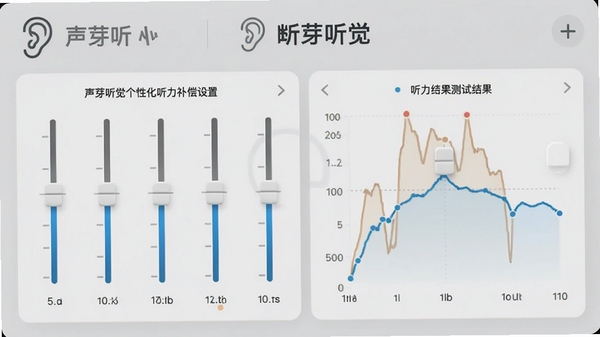 声芽听觉个性化听力补偿设置界面，显示五段均衡器滑杆和听力测试结果曲线，背景为浅灰色，界面中有耳形图标和声芽听觉文字，风格简洁专业，适配Boogu模型生成。