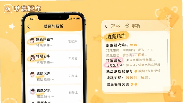 助赢题库错题本界面，手机屏幕上显示错题列表与解析，背景为暖黄色，突出错题标注与解析区域，画面带有“助赢题库”标识，风格简洁友好