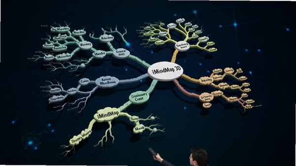iMindMap 3D视图展示预览图，画面呈现一张思维导图以三维立体形式悬浮在空间中，用户视角倾斜，可以同时看到多个分支层次，节点带有阴影效果，背景为深色科技感渐变