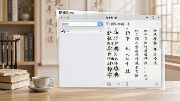 给力新华字典电脑版主界面，左侧为搜索栏，右侧显示汉字释义，背景为淡雅书房，书籍与茶杯点缀，整体风格简洁明亮，高清渲染