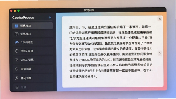 超级速读训练图主界面预览图，展示软件运行时的核心训练面板，左侧为训练模块列表，右侧为文字速读训练区，背景为柔和渐变色，整体风格现代简约，高清细节丰富