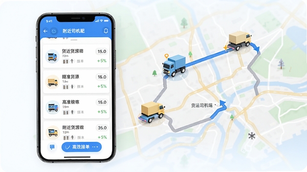 货运司机端智能货源匹配功能示意图，手机屏幕显示附近货源列表，地图背景上有卡车图标和路线轨迹，突出精准推送与高效接单，色调明亮清晰，适合功能预览图