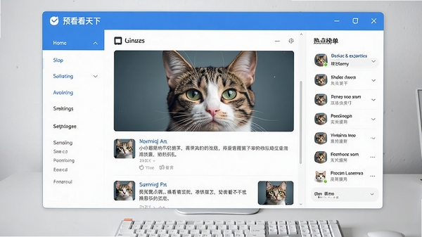 猫眼看天下主界面预览图，展示软件整体布局，左侧分类导航栏，中间内容信息流，右侧热点榜单，整体风格简洁现代，色彩以蓝白为主，背景为浅灰色桌面，画面清晰明亮