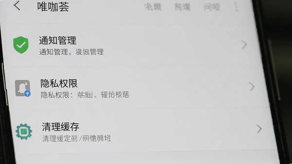 唯咖荟手机设置界面截图风格图片,画面展示应用内设置菜单选项,包括通知管理、隐私权限、清理缓存等条目,背景为系统设置风格的浅色列表,整体风格简洁清晰,强调操作的安全性与可控性。