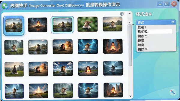 改图快手(Image Converter One)批量转换操作演示,界面显示多张图片缩略图列表,右侧为格式选择下拉菜单,整体色调清新,图标立体感强
