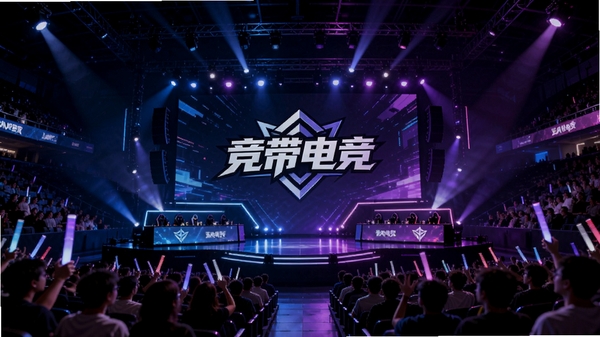 电竞场馆内景，主舞台大屏幕显示“竞带电竞”LOGO，舞台灯光以蓝紫色为主，观众席上挥舞着荧光棒，画面充满科技感与热烈的赛事氛围，整体构图宽广，细节丰富，适合作为软件首页横幅