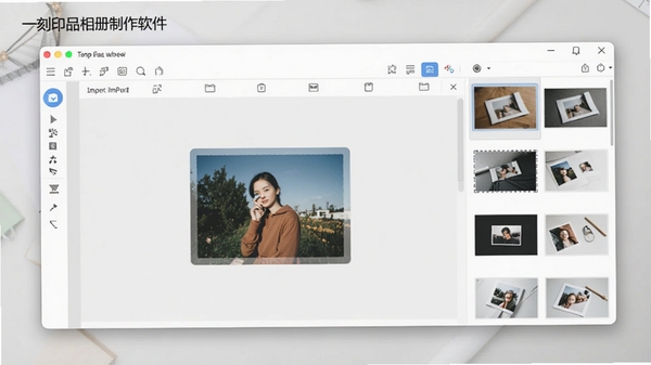 一刻印品相册制作软件的主界面预览图，展示整洁的工具栏与照片导入区域，背景为浅灰色工作台，右侧显示模板缩略图面板，整体风格现代简洁，软件名称在界面左上角清晰可见