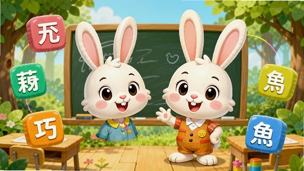 巧兔识字软件的启动主界面,一只可爱的卡通兔子老师站在黑板前,周围漂浮着带有汉字的彩色方块,背景是明亮的森林教室,整体画风童趣温馨,色彩鲜艳明快,突出寓教于乐的氛围
