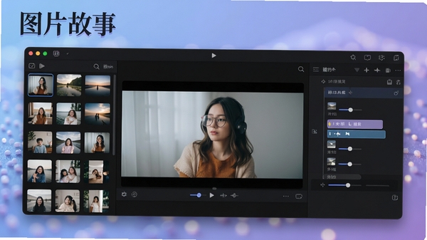 图片故事软件主界面预览图,画面展示一个整洁的深色主题工作台,左侧是照片素材库缩略图列表,中央为视频预览窗口,右侧是时间线与动态效果调节面板,背景带有柔和的蓝紫色渐变光效,整体风格现代且专业,软件名称“图片故事”以艺术字体显示在界面左上角
