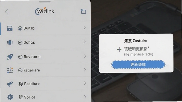 Wizlink更新日志界面截图,手机与电脑连接成功后显示版本更新提示,界面风格简洁,带有功能列表,背景为浅灰色,突出新功能的介绍文字