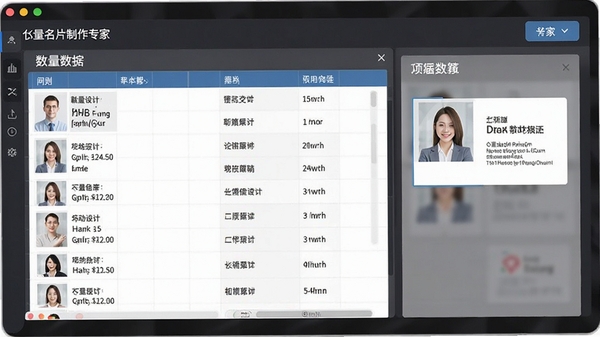 名片制作专家批量导入数据界面,表格中显示多条联系人记录,右侧名片预览随数据变化,界面简洁专业