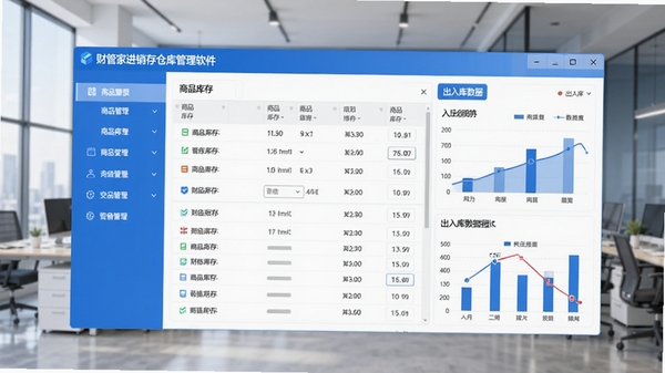 一款名为财管家进销存仓库管理软件的桌面应用程序界面,界面布局简洁清晰,左侧为功能导航栏,右侧显示商品库存列表与出入库数据图表,背景为现代办公室环境,整体色调以蓝色和白色为主,风格专业且现代化