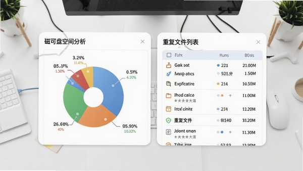 可可练功房文件管理功能示意图，展示磁盘空间分析饼图和重复文件列表，界面采用卡片式布局，色彩清新，图表数据可视化呈现，背景为干净的白色工作台。