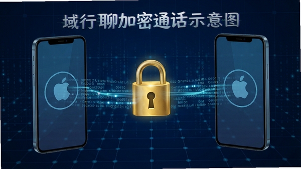 域行聊加密通话示意图，两部手机之间通过金色锁头与数据流连接，背景为深蓝色数字网格，强调安全传输过程，画面清晰直观。