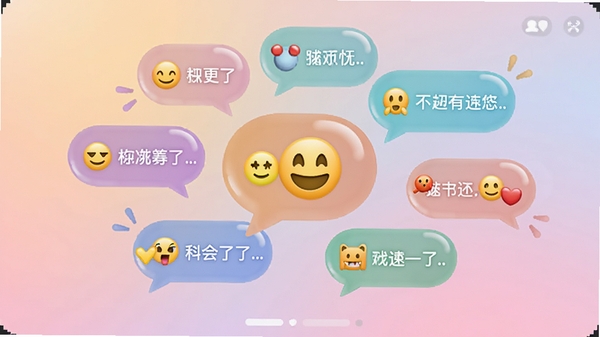 起泡社交软件主界面预览图，画面中央悬浮着多个彩色半透明气泡，每个气泡内包含不同的表情符号和聊天短句，背景为柔和的渐变色，整体风格清新活泼，突出趣味互动与社交氛围