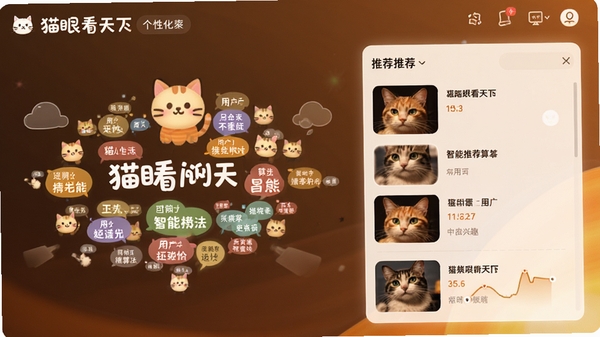 猫眼看天下个性化推荐界面，展示用户兴趣标签云和推荐内容列表，界面以暖色调为主，突出猫眼看天下智能推荐算法，数据可视化元素