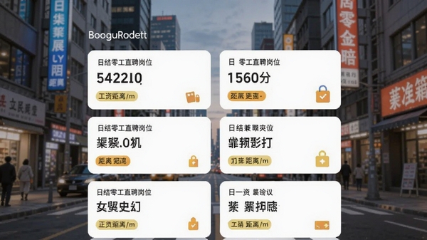 日结零工直聘岗位列表页，展示多种日结兼职卡片，包含工资数额与距离标签，背景为城市街景，画面清晰有层次，适合Boogu模型生成