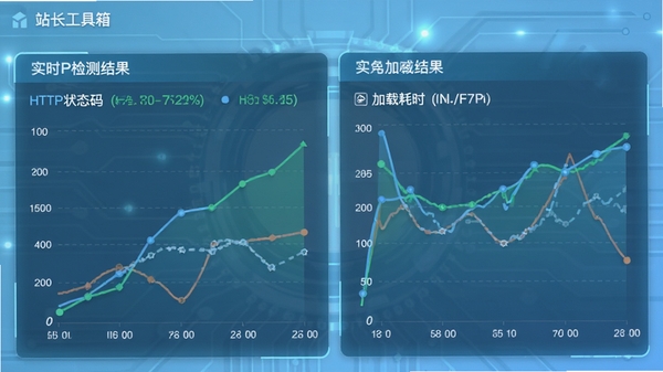 站长工具箱实时检测结果界面，显示HTTP状态码与加载耗时曲线，背景为浅蓝色科技感风格，数据可视化图表清晰醒目