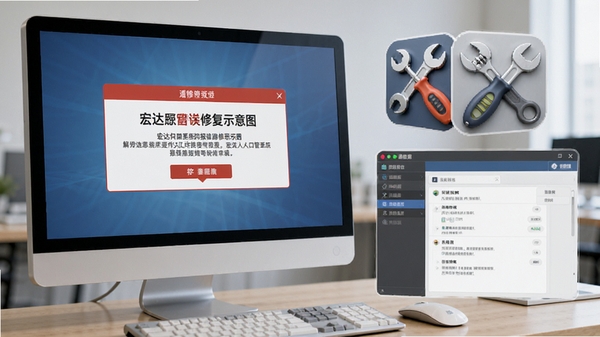 宏达人口管理系统报错修复示意图，电脑屏幕显示错误提示框，旁边有修复工具图标和设置界面，风格写实，突出解决方案