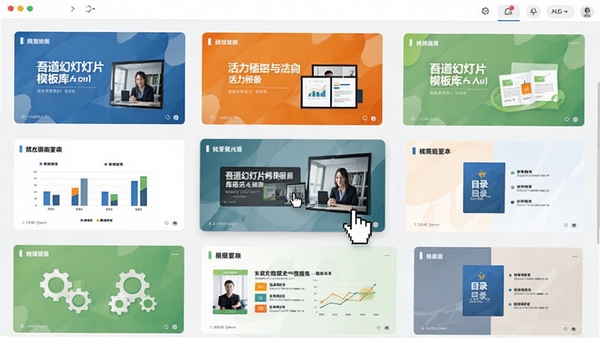 吾道幻灯片模板库展示图,画面展示软件内模板选择界面,缩略图网格排列,每张缩略图呈现不同风格的幻灯片封面,有商务蓝、活力橙、清新绿等色调,包含图表页、图文页、目录页等版式,鼠标悬停在一个模板上显示预览效果,背景为浅色,界面干净整洁,突出模板的丰富性与多样性