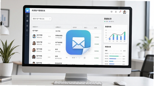 求索客户管理系统主界面预览图,展示客户列表、搜索栏、数据统计面板,背景为现代简约办公桌面,整体色调清爽明亮,软件图标醒目