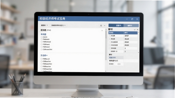 初级经济师考试宝典-工商管理软件章节练习界面截图风格预览图，画面展示电脑端软件内题库列表，题目类型包含单选题和多选题，右侧有答题卡与解析区域，背景虚化处理，突出软件界面内容，风格简洁清晰。