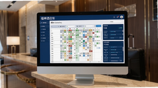 福神酒店软件主界面预览图,画面以酒店前台为背景,电脑屏幕上显示清晰的房态管理网格,界面色调以深蓝和白色为主,风格简洁专业,突出软件的品牌名称与数据看板功能