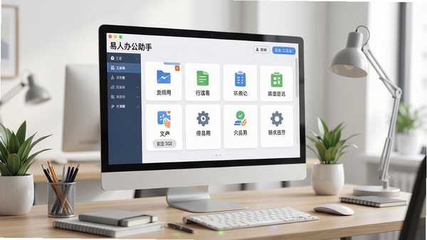 易人办公助手主界面预览图，展示其简洁的工具分类布局与功能图标，背景为现代化办公桌面场景，整体风格清爽明亮，细节丰富，突出软件的专业与易用性