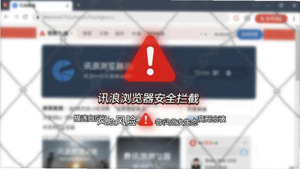 讯浪浏览器安全拦截警告页面,展示红色警告图标和风险描述,背景为模糊的网页界面,警示效果突出