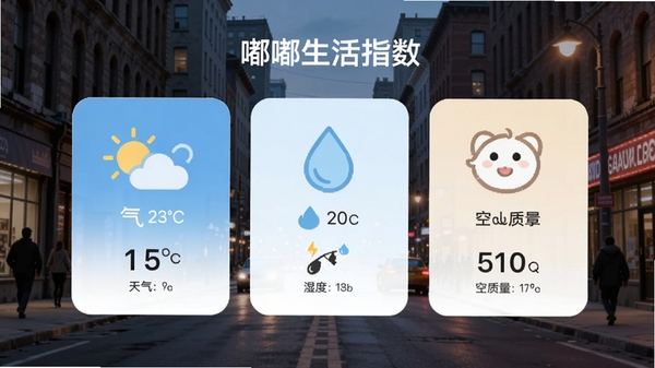 嘟嘟生活指数展示页面,包含天气温度、湿度、空气质量图标,设计风格类似卡片式布局,背景为城市街景