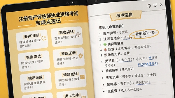 注册资产评估师执业资格考试宝典考点速记页面，展示记忆卡片和笔记列表，背景为暖黄色，字体清晰，便于阅读和记忆