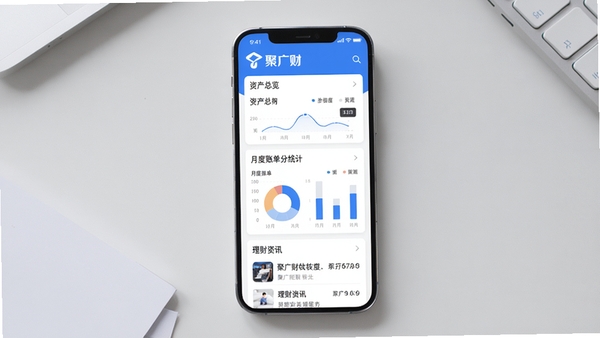 聚广财软件主界面展示图，手机屏幕内显示资产总览、月度账单分类统计和理财资讯列表，界面风格简洁现代，以蓝白为主色调，背景为浅灰色桌面，突出聚广财品牌标识，画面清晰明亮，手机居中摆放，视觉焦点集中在屏幕内容上